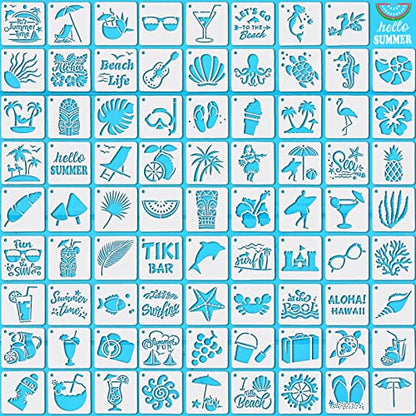 80 Pieces 3 x 3 Inch Summer Hawaii Themed Reusable Plastic Art Craft Kits for DIY Painting Art Projects Wood Wall Floor Fabric Furniture Tile Holiday Stencils Decorations Beach Stencils Craft Kits - style: Summer