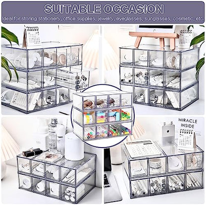 Desk Organizer with 12 Drawers, FODIENS 3 Packs Stackable Desktop Storage Box with Removable Drawer, Clear Sunglasses Organizer Display Case for Stationery Marker Pens Eyeglasses Office Supply - style: 3 Layers -12 Drawers
