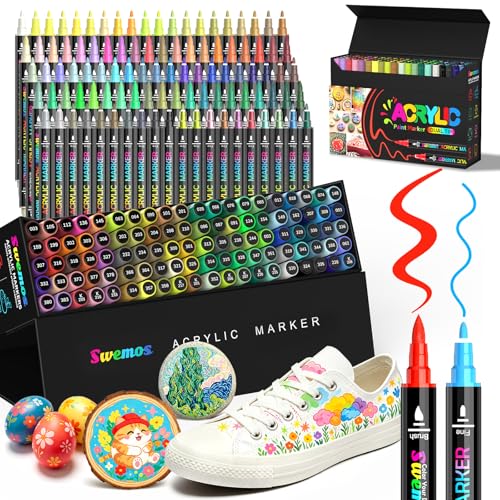 Swemos 100Pcs Acrylic Paint Markers, Acrylic Paint Pens for Fabric, Rock, Stone, Canvas, Wood, Ceramic, Glass, DIY Crafts, Dual Tip with Fine and Brush Tips Paint Marker (MULTICOLOR, 100) - color: Black+Yellow, size: 100