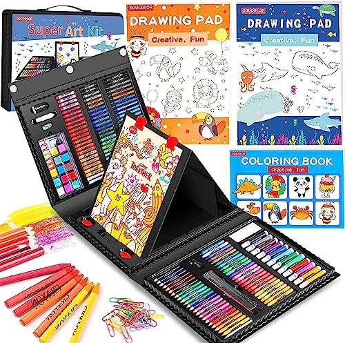 Soucolor Art Supplies, 283 Pieces Drawing Set Art Kits with Trifold Easel, 2 Drawing Pads, 1 Coloring Book, Crayons, Pastels, Arts and Crafts Gifts Case - color: Black