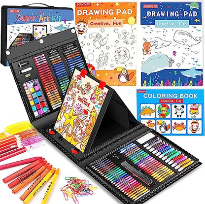 Soucolor Art Supplies, 283 Pieces Drawing Set Art Kits with Trifold Easel, 2 Drawing Pads, 1 Coloring Book, Crayons, Pastels, Arts and Crafts Gifts Case - color: Black