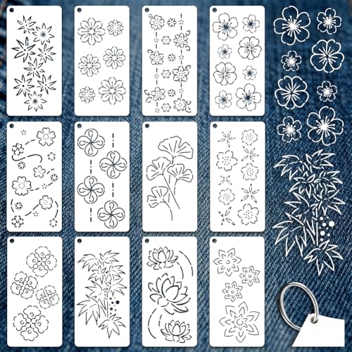 12 Sheets Sashiko Painting Stencils, 12 Styles Flower Leave Pattern Sashiko Quilting Drawing Templates Reusable Border Stencil for Sewing Embroidery Scrapbooking DIY Ornaments - style: Flower