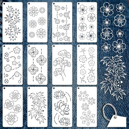 12 Sheets Sashiko Painting Stencils, 12 Styles Flower Leave Pattern Sashiko Quilting Drawing Templates Reusable Border Stencil for Sewing Embroidery Scrapbooking DIY Ornaments - style: Flower