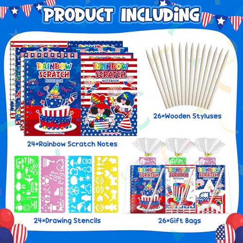 Party Favors for Kids: 24 Pack 4th of July Rainbow Scratch Art Notebook Classroom Supplies Bulk for Girls Boys Goodie Bags Stuffers, Independence Day Party Gift Kid Crafts - style: 24 Pack Independence Day