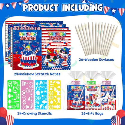 Party Favors for Kids: 24 Pack 4th of July Rainbow Scratch Art Notebook Classroom Supplies Bulk for Girls Boys Goodie Bags Stuffers, Independence Day Party Gift Kid Crafts - style: 24 Pack Independence Day