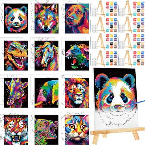 Zhanmai 72 Pcs 12 Sets Sip and Paint Kit Pre Drawn Canvas for Painting 8" x 10" Paint Party Canvas Painting Pre Printed Canvases for Party Favor DIY Virtual Adult's Date Night(Colorful Animals) - style: Colorful Animals