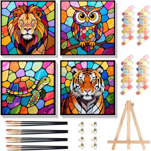 cviokrdu 4 Pack Paint by Numbers Kit for Kids with Frame - Wooden Easel, Animal Paint by Numbers for Kids Ages 4 8 12, Easy Animals Acrylic Oil Painting Kits for Home Wall Decoration 8x8 inch - color: BKH2343-BKH2346