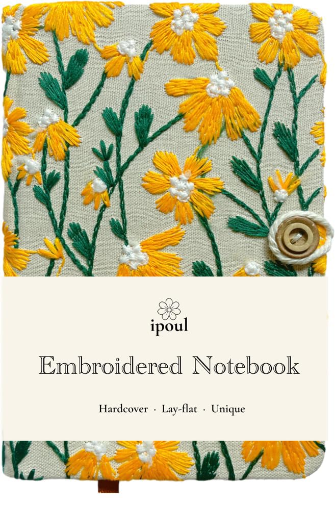 Daisy Gifts for Women, Flower Embroidered Journal, A6 Pocket Sketchbook, Small Unlined Notebook 4x6, Hardcover, Lay Flat, Cute Notebooks, Pretty Journal, Yellow Daisy - color: A6-Button-Yellow, style: Minimalist