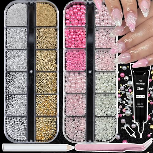 Nail Art Pearls with Glue Gel Flatback Pink Red 4 Colors Nail Charms Pearls Mixed Size 0.03-0.18in Nails Gems Pearl Accessories for Women Nails Design Decoration - color: Colorful-13