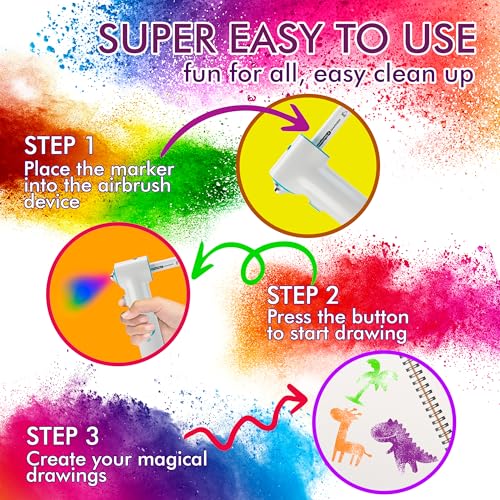 Air Brush Marker Sprayer Set for Kids w 12 Washable Markers & 20 Stencils | Creative Activity for Boys & Girls Ages 5 6 7 8 9 – Arts & Crafts DIY Travel Indoor & Outdoor Perfect Kids Birthday Gift
