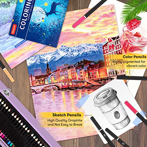 iBayam Stocking Stuffers for Kids Teens Adults, Birthday Party Art Supplies, Christmas Gifts for Teenagers, 150-Pack Wooden Art Set Crafts Drawing Painting Kit with 1 Coloring Book, 2 Sketch Pads - color: Purple