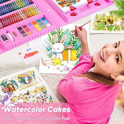 Soucolor Art Supplies, 283 Pieces Drawing Set Art Kits with Trifold Art Easel, 2 Drawing Pads, 1 Coloring Book, Crayons, Pastels, Arts Gifts Case, Coloring Set - color: Pink