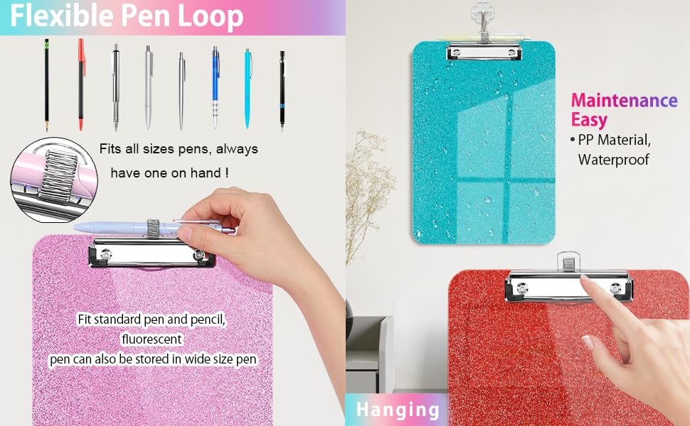 Sparkly Clipboard with Pen Holder, Clear Plastic Glitter Clip Board, Hanging Shiny Clipboards with Low Profile Metal Clip, Letter A4 Size for Taecher Women Office School (Dark Purple) - color: Dark Purple