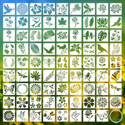 80 Pcs Small Nature Stencils for Painting on Rocks & Wood Slices, 3x3 Inch Reusable Flower Bird Butterfly Stencils, Mini Floral Templates for Crafts, Scrapbooking, Card Making, and DIY Ornaments