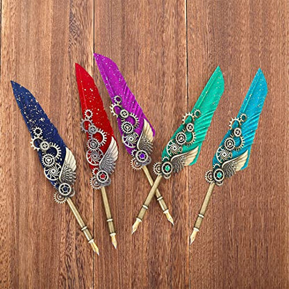 NC Quill Pen Set, Feather Pen With 5 Ink Bottles and 6 Replaceable Nibs, 1 Mechanical Quill, Calligraphy Pen for Writing, Letters, Diary, Signing, Invitation (Purple) - color: Purple