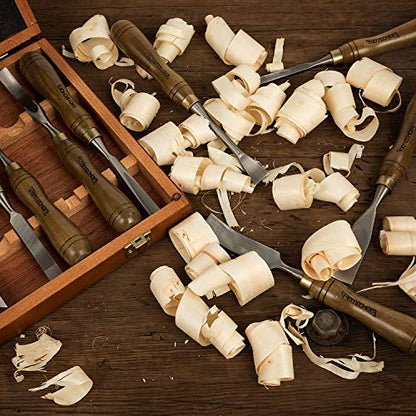 12-Pieces Woodworking Wood Carving Tools Chisel Set with Wooden Box, Razor Sharp CR-V 60 Steel Blades - size: 12-Pieces Carving Chisel