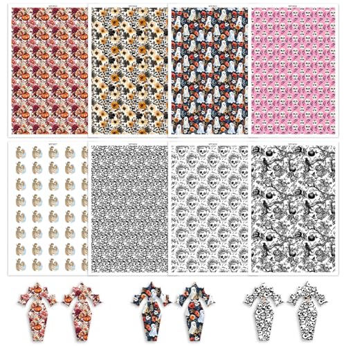 8Pcs Halloween Transfer Paper for Polymer Clay, Skull Pumpkin Ghost Spider Birds Floral Pattern Water Transfer Sheet for Polymer Clay,Water Soluble Transfer Sheet for Earrings Jewelry Making 5.8X3.9in - color: 8 Pcs Halloween Theme