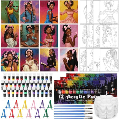 Sherr 108 Pcs 12 Set Black Girl Sip and Paint Kit for Adults 8''x10'' Pre Drawn Canvas to Paint DIY Acrylic Painting Kit Pre Printed Canvas for Date Night Juneteenth Party Team Building - style: Black Girl