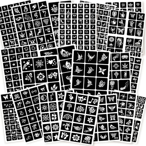 ChurlChurl 575pcs Temporary Tattoo Stencils, 20 Sheets Henna Tattoo Stencil Kit for Women Man Face Body Paint DIY Art Reusable Glitter Tattoo Stencils Pack
