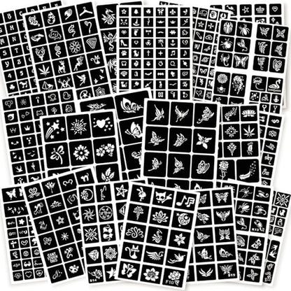 ChurlChurl 575pcs Temporary Tattoo Stencils, 20 Sheets Henna Tattoo Stencil Kit for Women Man Face Body Paint DIY Art Reusable Glitter Tattoo Stencils Pack