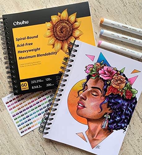 Ohuhu Marker Pads Art Sketchbook, 7"x10" Large Paper Size, 120 LB/200 GSM Heavy Smooth Drawing Papers, 60 Sheets/120 Pages, Spiral-Bound Sketch Book for Alcohol Markers Christmas Gift - size: 7" x 10"