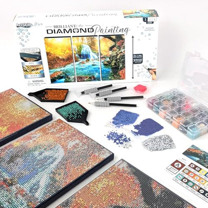 ArtSkills Diamond Painting Kit, Diamond Art on Framed Canvas with Gem Storage Case and Accessory Kit, Waterfall, 3 Stretched Canvas Panels, 14” x 7” Each - color: Waterfall