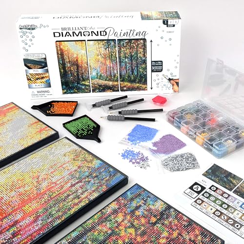 ArtSkills Diamond Painting Kit, Diamond Art on Framed Canvas with Gem Storage Case and Accessory Kit, Forest, 3 Stretched Canvas Panels, 14” x 7” Each - color: Forest