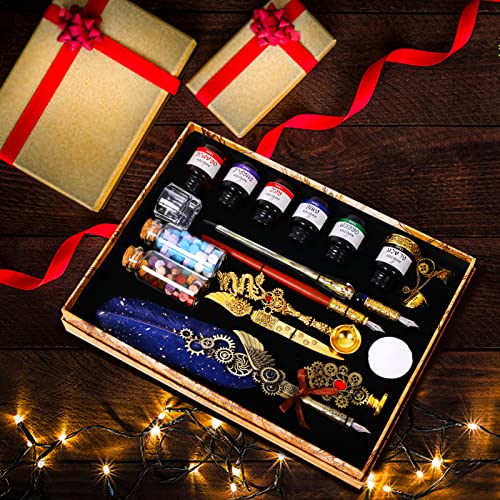 Aifeiter Quill Pen Ink Set-Feather Calligraphy Pen and Set,includes 6 Bottles of,Quill Pen,Glass Dipping Pen,Wooden Dipping Pen,17 nibs,8 Sheets of Writing Paper,Envelope,Spoon-blue - color: Blue