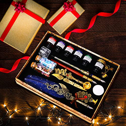 Aifeiter Quill Pen Ink Set-Feather Calligraphy Pen and Set,includes 6 Bottles of,Quill Pen,Glass Dipping Pen,Wooden Dipping Pen,17 nibs,8 Sheets of Writing Paper,Envelope,Spoon-blue - color: Blue