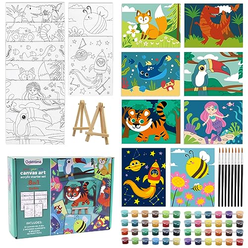 goldentime 8 Packs Predrawn Canvas for Painting Kids Painting Canvas for Kids Painting Kits for Kids 4-8, 48 Paints, 8 Brushes 2 Easels, 8 6x8 Printed Canvas to Paint for Girls Boys and Beginners - color: animals