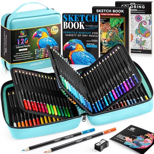 136 PCS Colored Pencils Set for Adult Coloring Books, 120 Colored Pencils with Sketchbook, Coloring Book, Sharpener, Soft Core Oil-Based Coloring Pencils for Artists Drawing Sketching Blending Shading - color: Teal
