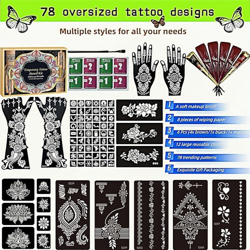 Temporary Tattoo Stencils Kit-Reusable 12 Large Sheets, 78 Unique Designs-6 Tattoo Cones 3 Colors (Brown/Black/Maroon) with Brush & Wipes for Adults, Teens, Beginners,Family Fun Party - color: A-6Pcs