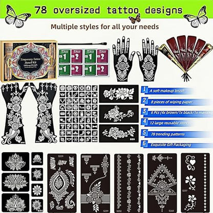 Temporary Tattoo Stencils Kit-Reusable 12 Large Sheets, 78 Unique Designs-6 Tattoo Cones 3 Colors (Brown/Black/Maroon) with Brush & Wipes for Adults, Teens, Beginners,Family Fun Party - color: A-6Pcs