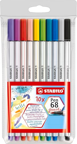 STABILO - Pen 68 brush - Premium Fibre-Tip Pen with Brush Tip - Pack of 10 - Assorted colors