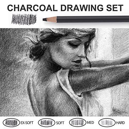Qionew Professional Soft Medium and Hard Charcoal Pencils Drawing Set 10Pcs | Super Soft, Soft, Medium & Hard Charcoal Pencils for Drawing, Sketching, Shading, Beginners & Artists