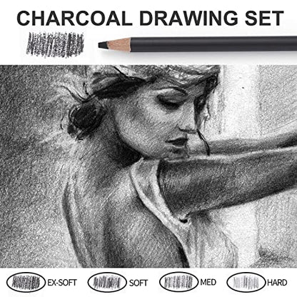 Qionew Professional Soft Medium and Hard Charcoal Pencils Drawing Set 10Pcs | Super Soft, Soft, Medium & Hard Charcoal Pencils for Drawing, Sketching, Shading, Beginners & Artists