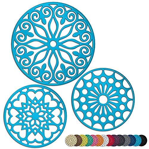 3 Set Silicone Trivet Mats with 1 Extra Large Included | Intricately Carved Insulated Flexible Durable Non Slip Thick Round Premium Trivets for Hot pots and Pans | Light Blue - color: Blue