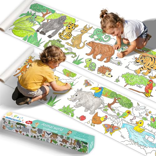 15"x118" Giant Sticky Coloring Paper Roll for Kids - DIY Children's Drawing Roll for Tablecloth & Wall Decor, Animal Themed Giant Sticky Coloring Paper Roll for Kids, Childrens Drawing Rolls - color: Animal World
