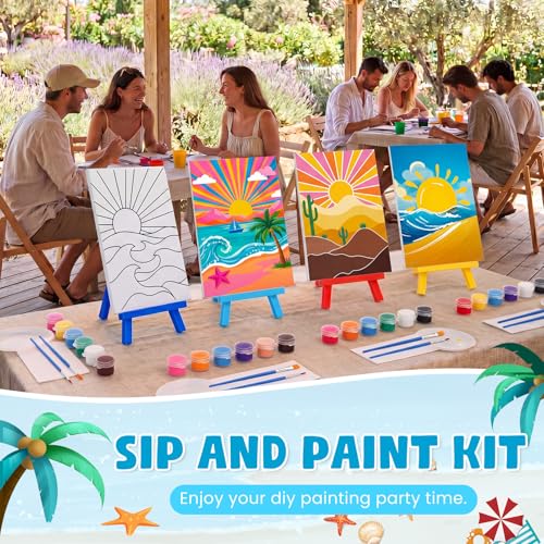 Blosssound 10 Set Pre Printed Sunrise Canvas Pre Drawn Canvas Painting with Easel Kits 5" x 7" Outline Painting Panels for Beginners, DIY Craft Project, Party Favor, Home Decors - style: Sunrise