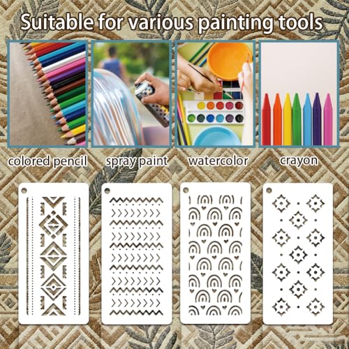 12 Sheets Boho Style Stencils for Painting, 12 Styles Heart Wave Dot Fan Geometric Pattern Drawing Templates Plastic Art Templates for Painting on Wall Wood Home Decor - style: Boho Style