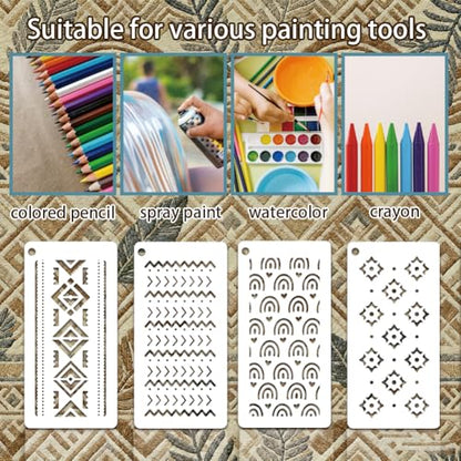 12 Sheets Boho Style Stencils for Painting, 12 Styles Heart Wave Dot Fan Geometric Pattern Drawing Templates Plastic Art Templates for Painting on Wall Wood Home Decor - style: Boho Style