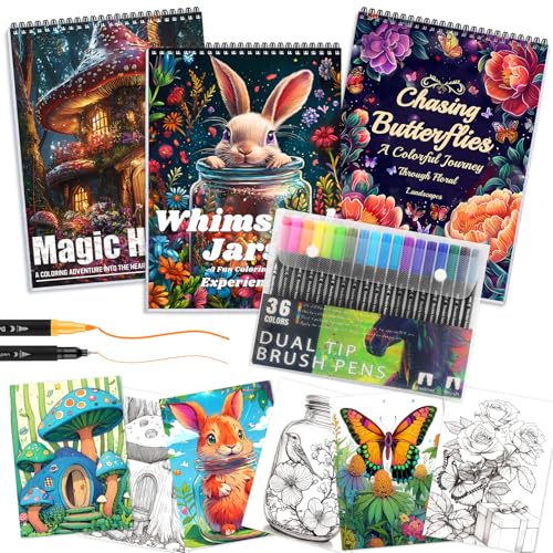 3Pcs Adult Coloring Book for Women Relaxation, Spiral Bound Adult Coloring Books for Women with 36 Markers, 36 Dual Tip Colors Markers, Mindfulness Gifts - 72 Patterns - style: Magic House & Wishing Jars & Butterfly