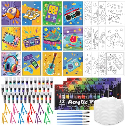 Sherr 108 Pcs 12 Set Retro Time Sip and Paint Kit for Adults 8''x10'' Pre Drawn Canvas to Paint DIY Acrylic Painting Kit Pre Printed Canvas for Date Night 80s 90s Party Team Building - style: Retro Time