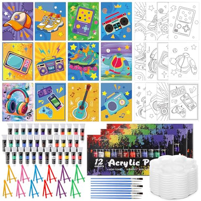 Sherr 108 Pcs 12 Set Retro Time Sip and Paint Kit for Adults 8''x10'' Pre Drawn Canvas to Paint DIY Acrylic Painting Kit Pre Printed Canvas for Date Night 80s 90s Party Team Building - style: Retro Time