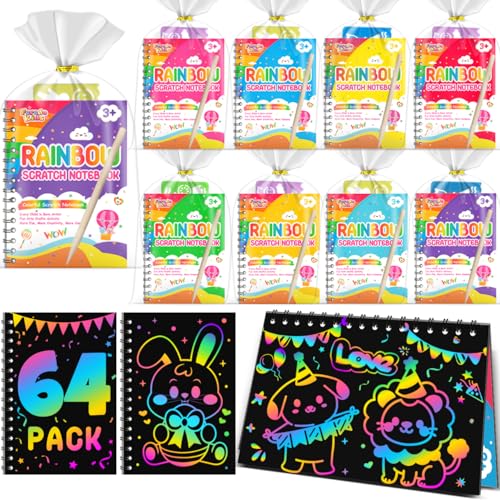 Scratch Paper Art Party Favors for Kids: 64 Pack Rainbow Scratch Notebook, Goodie Bags Stuffers Coloring Books Party Favors for Kids 3-12, Bulk Classroom Birthday Gifts for Student - style: 64 Pack