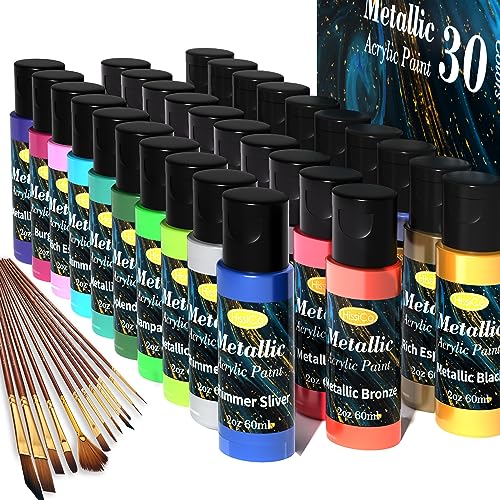 42 PCS Metallic Acrylic Paint Set of Premium 30 Colors，Professional Grade Metallic Paints with Bottles (2fl oz 60ml), Rich Pigments of Non Fading and Toxic Paints for Artist Hobby Painters Kids - style: 30 Colors Set of 42 PCS