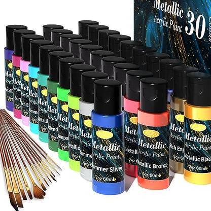 42 PCS Metallic Acrylic Paint Set of Premium 30 Colors，Professional Grade Metallic Paints with Bottles (2fl oz 60ml), Rich Pigments of Non Fading and Toxic Paints for Artist Hobby Painters Kids - style: 30 Colors Set of 42 PCS