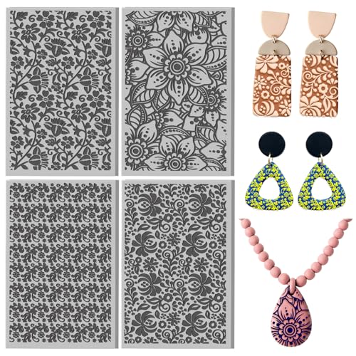4 Sheets Gorgeous Flowers Pattern Polymer Clay Texture Sheet Vintage Artistic Blossoms Patterns Rubber Texture Mat for Polymer Clay Making Earrings Jewelry DIY Crafts 4 × 2.5 Inch - style: Gorgeous Flowers