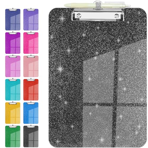 Sparkly Clipboard with Pen Holder Clear Plastic Glitter Clip Board Hanging Shiny Clipboards with Low Profile Metal Clip Letter A4 Size for Taecher Women Office School (Grayish Black) - color: Grayish Black