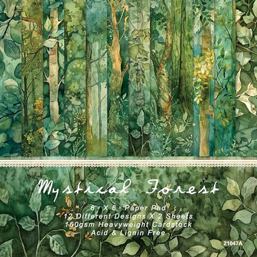 Vintage Mystical Forest Scrapbooking Paper Pad, 6 x 6 Inch Nature Botanical Watercolor 160gsm Cardstock Paper, 24 Sheets Aesthetic Tree Leaf Craft Paper for Card Making - color: 21047A, size: 6"×6"
